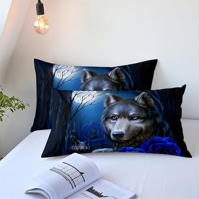 Wolf Rose Bedding Sets Queen,Blue Animal Print Comforter for Youth Women with 2 Pillowcases/90 * 90