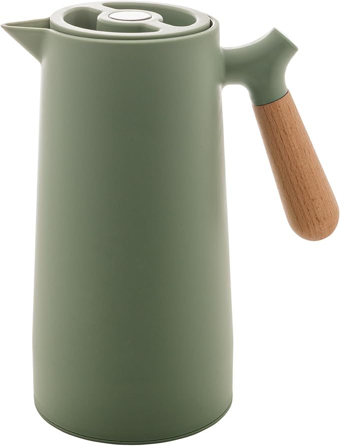 WOLFF - Thermal Coffee Carafe - Hot or Cold Drinks, Double Walled Insulated Vacuum Flask - Leakproof Coffee Dispenser with Wooden Handle, Thermal Bottle for Cold Beverages - Green, 34floz/1L