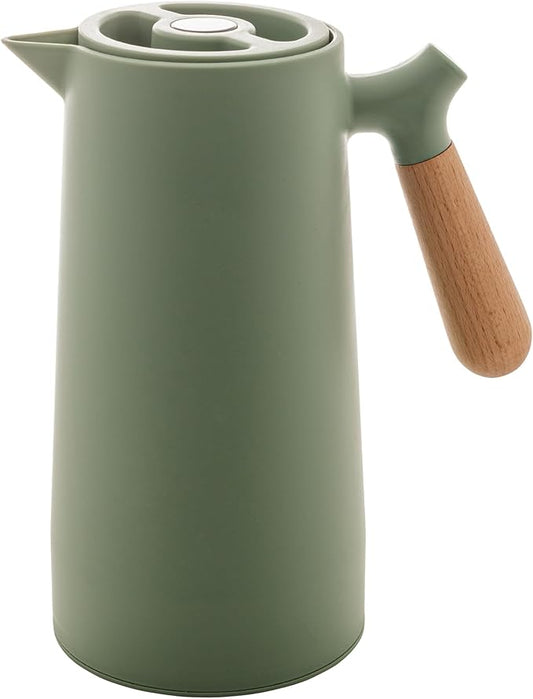 WOLFF - Thermal Coffee Carafe - Hot or Cold Drinks, Double Walled Insulated Vacuum Flask - Leakproof Coffee Dispenser with Wooden Handle, Thermal Bottle for Cold Beverages - Green, 34floz/1L