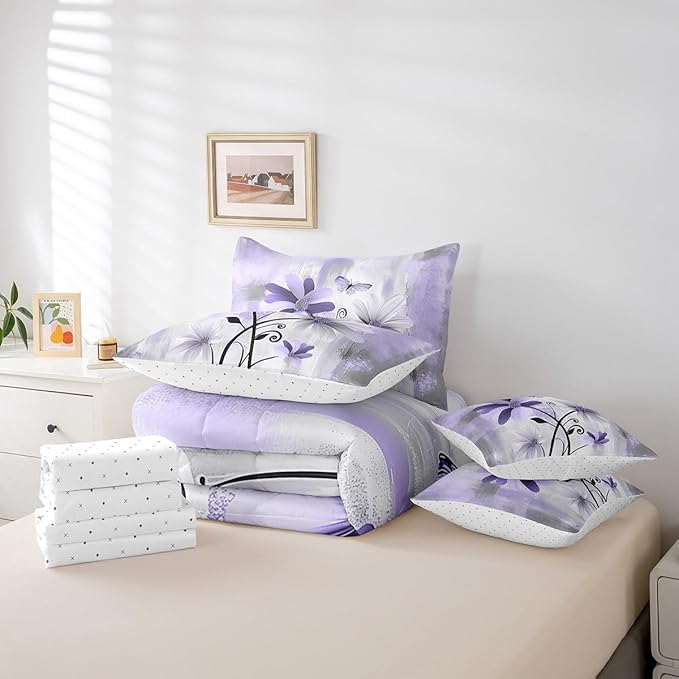 Feelyou Girls Daisy Flower Comforter Set with Sheets Queen Size 7 Pieces Kids Vintage Floral Butterfly Bedding Set for Boys Women Teens Purple White Grey Simple Modern Abstract Art Bed in a Bag