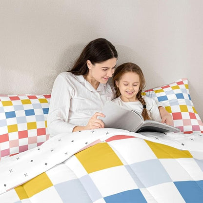 Feelyou Multicolored Checkered Retro Kids Comforter Set Toddler Size Geometric Cute Bedding Set Colorful Duvet Quilt for Kids Boys Girls Bedroom Modern Groovy Aesthetic Decor