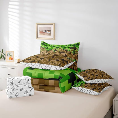 Miner Style Square Grid 7Pcs Comforter Set King Size,Brown Green Army Camo Bedding Sets for Kids Boys Teens Men Room Decor,Cartoon Gamepad Reversible Bed in a Bag Pixelated Games Flat Fitted Sheet