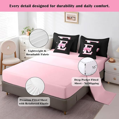 jejeloiu Kids Girls Black Pink Bow Comforter Set with Sheets King Size Monogrammed 7 Piece Bedding Set Personalized Initial E Bed in a Bag with Comforter,Sheets,Pillowcases Modern Fashion Bed Set