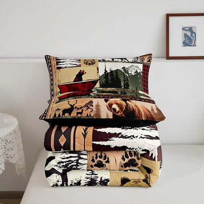 Feelyou Bear Bedding Set Farmhouse Wild Animals Comforter Set for Kids Boys Girls Cute Elk Print Comforter Western Cabin Patchwork Quilt Set Bedroom Collection 2Pcs Toddler Size