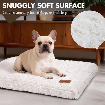 Dog Bed Crate Pad - Rosette Pattern White Velvet Pet Bed Anti-Slip Comfy Kennel Pad for Crates Rosette White L