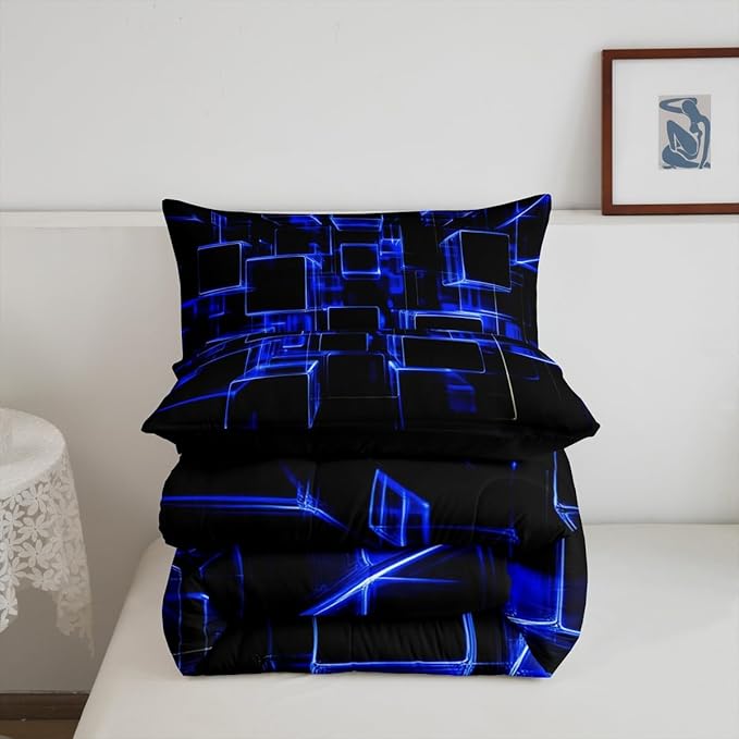 Erosebridal Honeycomb Blue and Black Kids Comforter Set, Modern Geometric Square Bedding for Boys Girls Gradient Neon Light Abstract Duvet Set Queen 3 Pieces