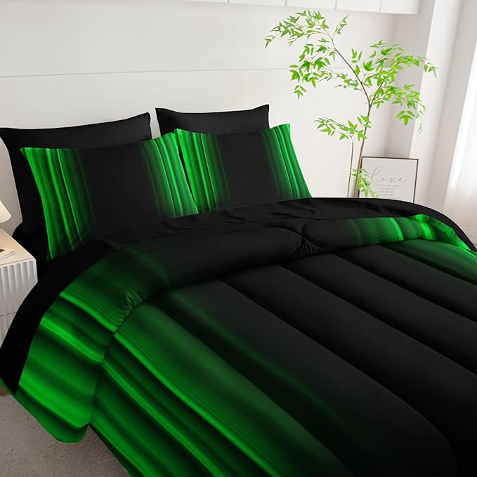 Green and Black Bedding Set King Size Abstract Ombre Comforter Set Bedding Set 7 Piece in A Bag,Dark Quilt Set Mordern Art Decor All Seasons with Pillowcases,Flat, Fitted Sheet