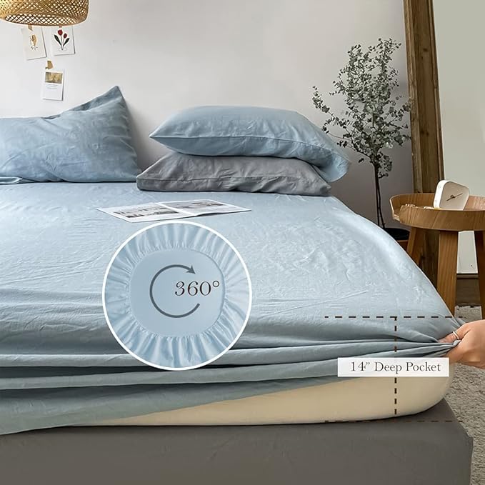 Simple&Opulence Washed Linen Bed Sheet Set Basic Style 4 Pieces (1 Flat Sheet & 1 Fitted Sheet & 2 Pillowcases) 100% Natural French Flax Soft Breathable Farmhouse Bedding (King, Duaty Blue)