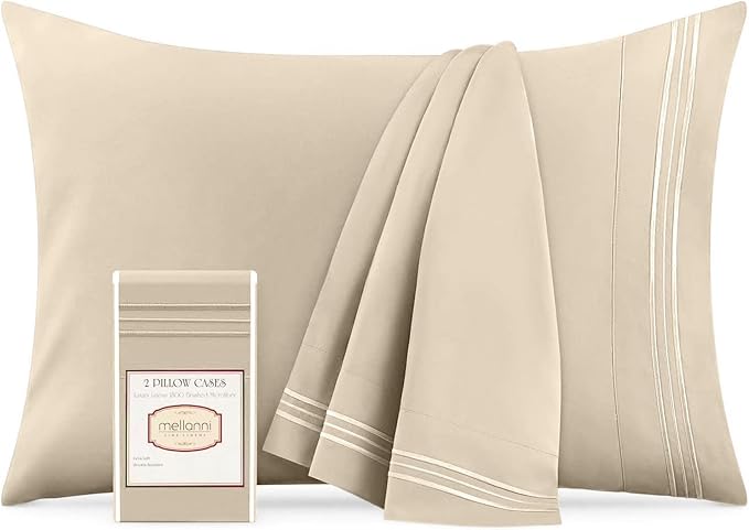 Mellanni Pillow Cases - Luxury, Extra Soft, Cooling Pillow Covers - 2 PC Iconic Collection Pillowcases - Envelope Closure (Standard/Queen 20" x 30", Beige)