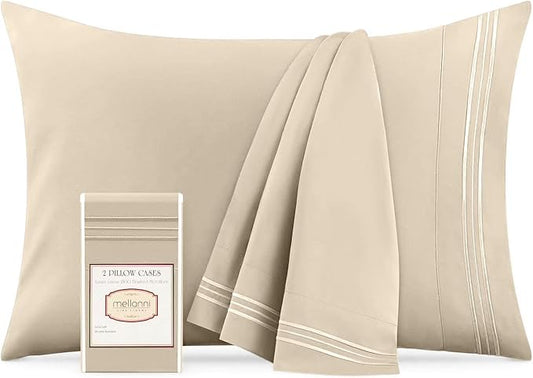 Mellanni Pillow Cases - Luxury, Extra Soft, Cooling Pillow Covers - 2 PC Iconic Collection Pillowcases - Envelope Closure (Standard/Queen 20" x 30", Beige)