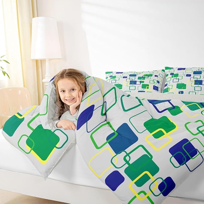Erosebridal Green Geometric Comforter Set Queen Abstract Minimalist Square Bedding Set Modern Aesthetic Stripes Comforter for Kids Girls Boys Color Block Grid Quilt Duvet