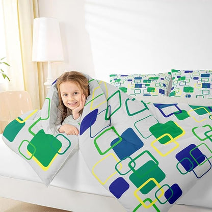 Erosebridal Green Geometric Comforter Set Full Abstract Minimalist Square Bedding Set Modern Aesthetic Stripes Comforter for Kids Girls Boys Color Block Grid Quilt Duvet