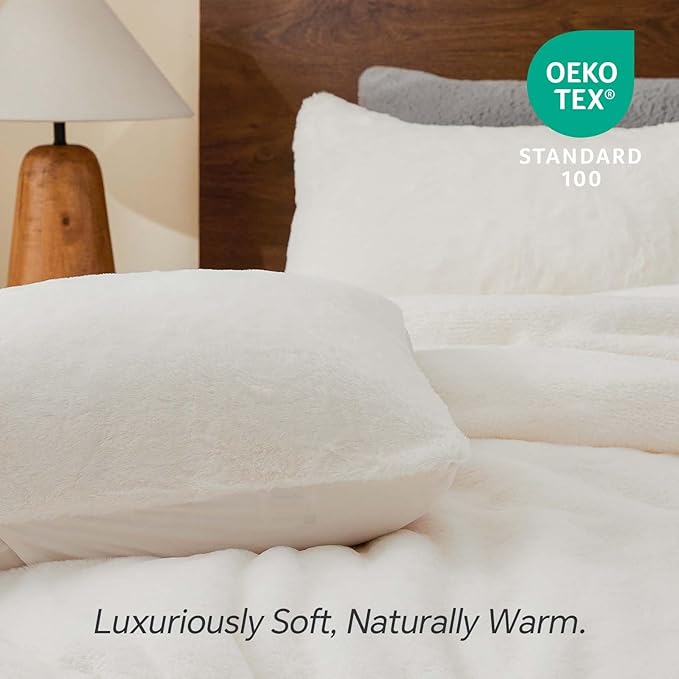 BEDELITE Faux Fur Fleece Queen Comforter Set - Fluffy & Warm Cream White Comforter Queen Size，Ultra Soft and Cozy Winter Bedding Set,Fuzzy Thick Bed Set,1 Comforter and 2 Pillowcases
