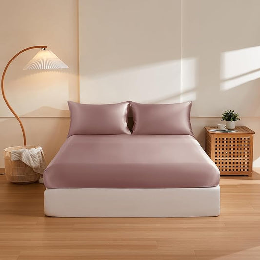 THXSILK 6A+ Top Grade 100% Pure Mulberry Silk Twin Fitted Sheet 3Pcs Set Bed Sheets Luxury Bedding for Hair and Skin Breathable Cooling Natural Materials, 1 Fitted Sheet with 2 Pillowcases, Purple