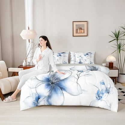 Erosebridal Bohemian Floral Full Comforter Set with Sheets, Blue Flower 7 Pcs Bedding Set for Women Adults Girls, Chic Watercolor Flower Boho Bed Sets, Ink Painting Style Blossom & Leaf Bed in A Bag