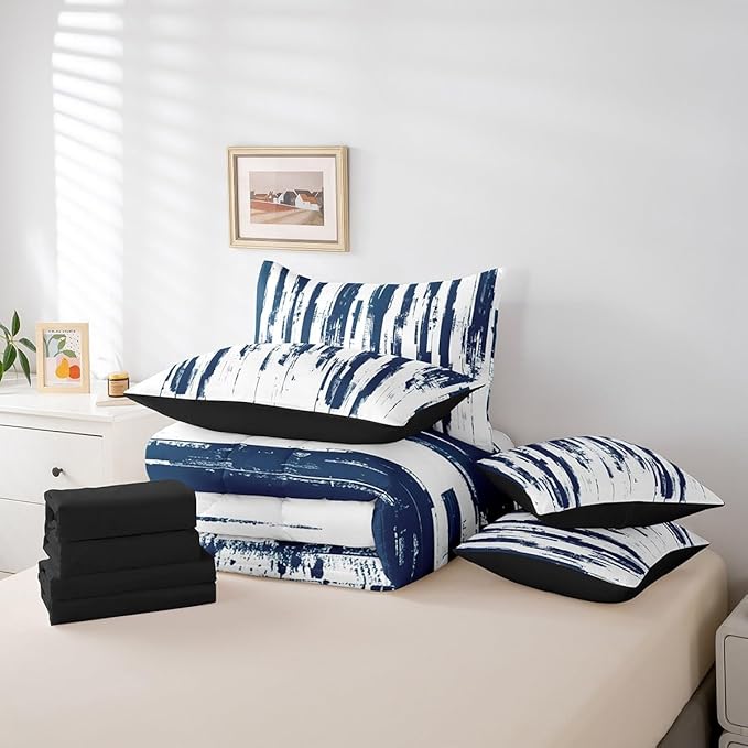 Erosebridal 7Pcs Navy Blue Twin Comforter Set,Geometric Stripes Striped Abstract Bed in A Bag for Women Men Adults Teens,Modern Art Aesthetic Watercolor Graffiti Ink Painting Bedding with Bed Sheets