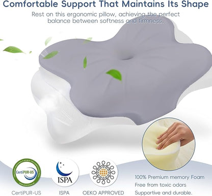 Cervical Neck Pillow, Ergonomic Memory Foam Pillows for Neck Pain Relief with Breathable Pillowcase, Adjustable Contour Neck Support Pillow for Side Back Stomach Sleepers, Odorless (Grey)