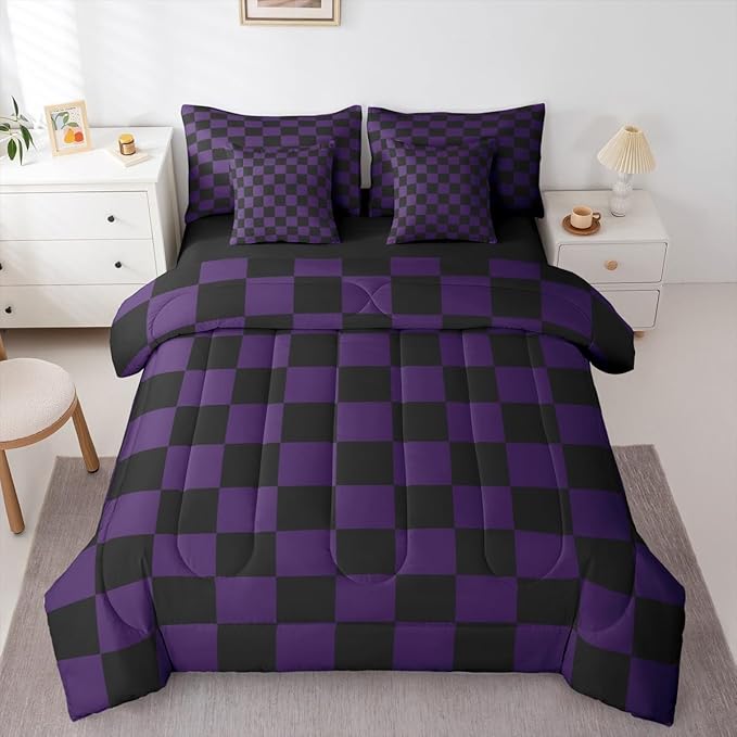 Feelyou Checkered Twin Comforter Set with Sheets for Kids Boys Girls Purple Black Plaid 7 Pieces Bedding Set Cute Retro Neutral Checkerboard Geometric Bed in a Bag Vintage Aesthetic Room Decor Soft