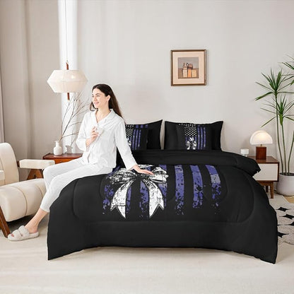 Erosebridal Bowknot King Comforter Set American Flag 7-Piece Bed in A Bag Bow Pigeons Birds Retro Camouflage Sheets and Pillowcases Black White Blue Bed Sets