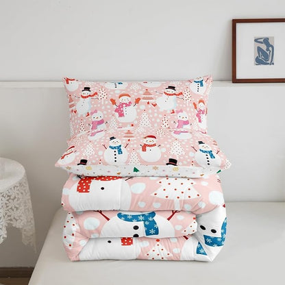 Cute Snowman Bedding Set Twin Size Cartoon Christmas Tree Comforter Set 2Pcs Red White Dots Print Theme Quilt Set for Kids Girls Boys Room Decor Watercolor Pink Duvet Insert,1 Pillowcase
