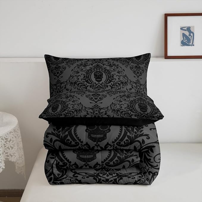 Feelyou Adults Black Vintage Damask Floral Comforter Set Oriental Antique Comforter King Size Gothic Bohemia Boho Bedding Set Exotic Sugar Skull Duvet Set Quilt Set 3Pcs