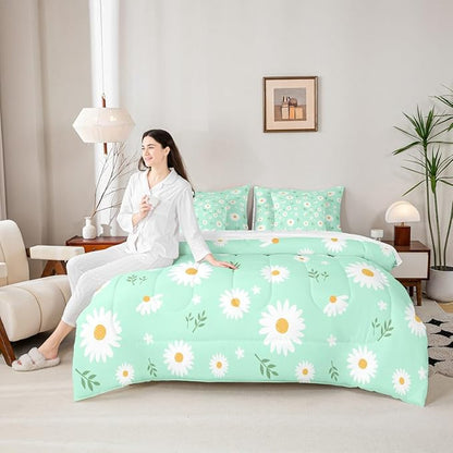 Feelyou Daisy Comforter Set with Sheets for Girls Boys Kids Full Size Botanical Floral Printed 7 Piece Bedding Set Green Blossom Flowers Pattern Bed in a Bag Natural Theme Room Decor Breathable Soft