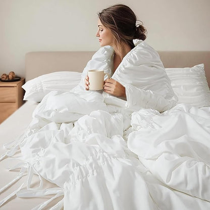 Intelligent Design King Comforter Set Ruched Shabby Chic Comforters for King Size Bed, All Season Lightweight Comforter King, French Country Bedding Set, Shams, Ella, King/Cal King, White, 3 Piece