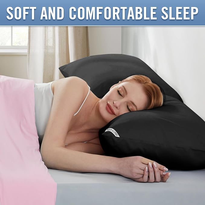 Down Alternative Bed Pillows, Queen Size 4-Pack - Gentle & Safe Plush Hotel Pillows for Side Back Stomach Sleepers - Supportive Black Pillow Set