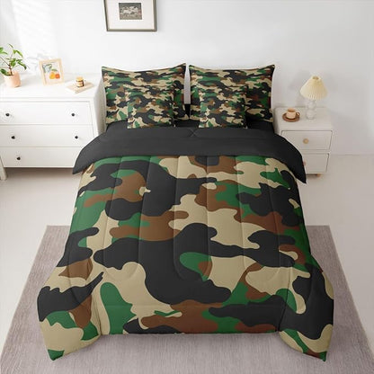 Erosebridal Camouflage 7 Piece Bedding Set King Camo Comforter Set with Sheets Dark Green Brown Black Bed in a Bag Rustic Farmhouse Abstract Bed Sets Comforter
