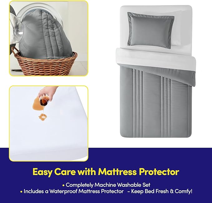 Twin Size Comforter Set Quilted Stripe Bedding Bundle – Stylish Set with Comforter, Mattress Protector, Sheet Set & Pillow Shams — Sophisticated Striped Design for Home & Guest Rooms, Gray/Silver