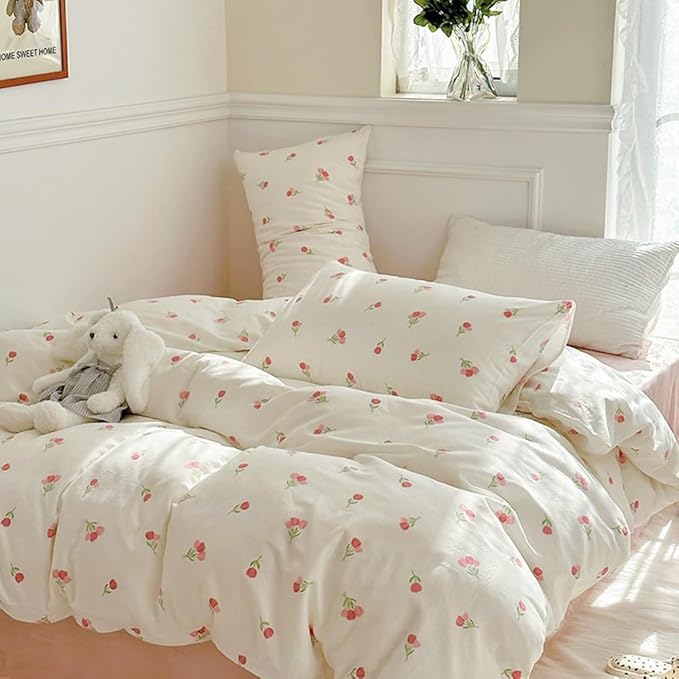 Nayoroom Pink Floral Comforter Set Queen Size Coquette Tulip Printed on White Comforter 3 Pcs Kids Girls Soft Lightweight Cute Bedding Set for All Seasons (1 Comforter, 2 Pillow Shams)