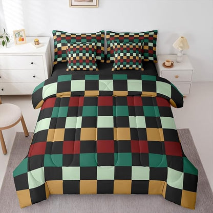 Checkered Retro Comforter Set with Sheets 7 Piece Full Size Green Red Yellow Plaid Bedding Set for Kids Boys Girls Geometric Vintage Bed in a Bag Modern Simple Groovy Aesthetic Room Decor Soft