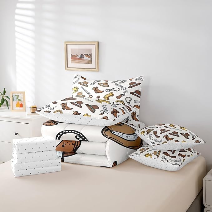 Erosebridal Cowboy Boots for Men Bed in a Bag King Size Comforter Set 7 Pieces,U-Shaped Horse Bedding Sets Western Sheet Set with Comforter