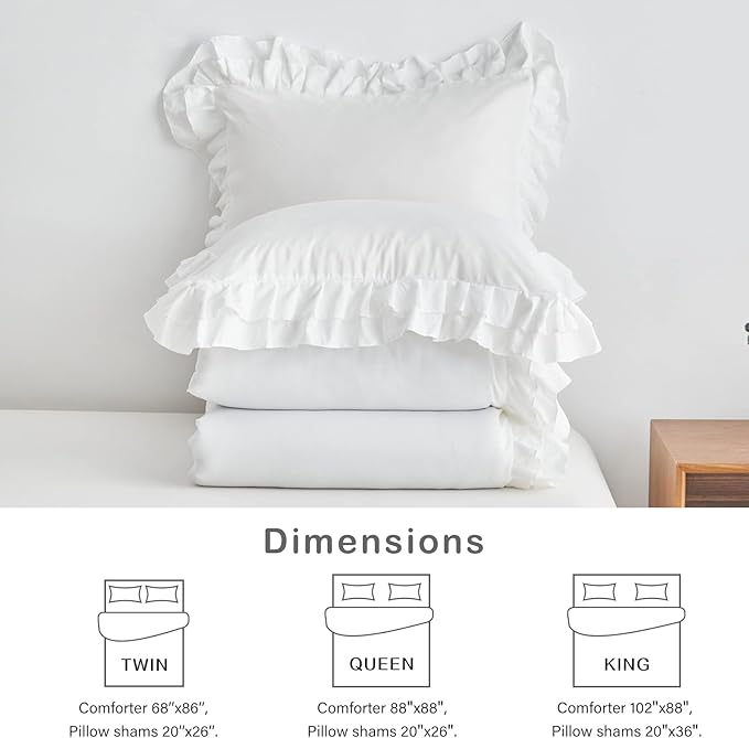 White Ruffle Comforter Set Full/Queen Size, 3-Piece (1 Ruffled Comforter and 2 Pillowcases) Farmhouse Shabby Chic Style with 2 Layers Ruffle, Solid Color Lightweight Fluffy Bedding Sets for All Season
