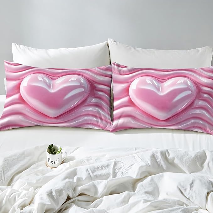 Erosebridal 3D Love Heart Bedding Set Toddler Size, Kawaii Decor Down Comforter for Kids Teens Girls Women Room, Pink Girly Comforter Set, Abstract Quilt, Soft Microfiber Decor