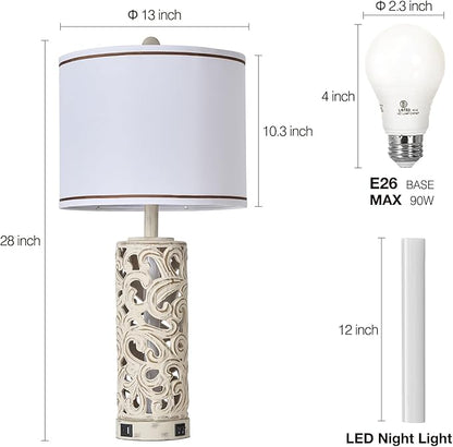 AIDENOEY Set of 2 Table Lamps with Night Light, 28" Farmhouse Table Lamp with USB A+C Ports,White Ceramic Bedside Lamp with Fabric Shade for Living Room,Bedroom,Home,Office(2 Bulbs Included)