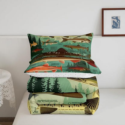 Erosebridal Fish Theme Toddler Bedding Set,Fishing Lake House Comforter Sets for Kids Boys Girls,Big Bass Pike Fish Quilt Bed Set,Rustic Cabin Farmhouse Bedroom Decor,1 Pillowcase Breathable