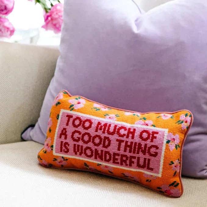 FURBISH Needlepoint Decorative Throw Pillow - Too Much - 8" x 14" - Small Embroidered Accent Pillow for Bed, Chair, Couch, Sofa - Eclectic Home Decor
