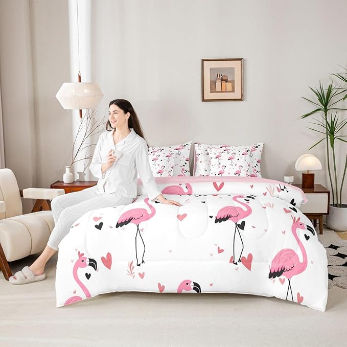 Erosebridal Kids Girls Bowknot Bow Flamingo Full Comforter Set 7 Pieces | Black Pink Y2K Bed in A Bag for Bedroom Kawaii Cute Bedding Set with Comforters Love Hearts Room Decor