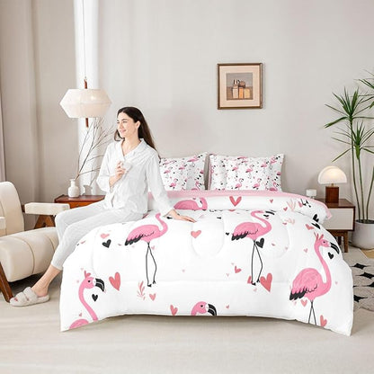 Erosebridal Kids Girls Bowknot Bow Flamingo Full Comforter Set 7 Pieces | Black Pink Y2K Bed in A Bag for Bedroom Kawaii Cute Bedding Set with Comforters Love Hearts Room Decor