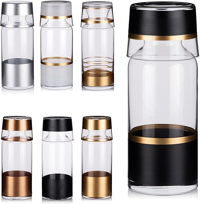 GARIZZE Bedside Water Carafe and Glass Set for Bedroom, Bedside Carafe and Glass Set, Mouthwash Decanter for Bathroom, Water Carafe with Glass Cup for Nightstand (24-oz/7-oz) (BLACK GOLD)Standard Pack