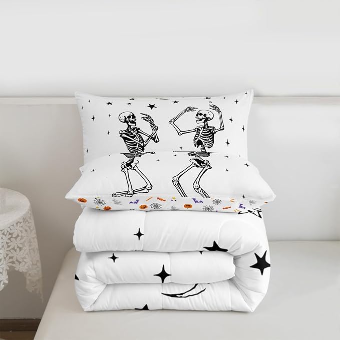 Erosebridal Halloween Skull Comforter Set Queen, Dancing Skull Bedding Set, Gothic Skeleton Comforter, Star Quilt with 2 Pillowcases for Kids Boys Teens Men Vintage Halloween Decor