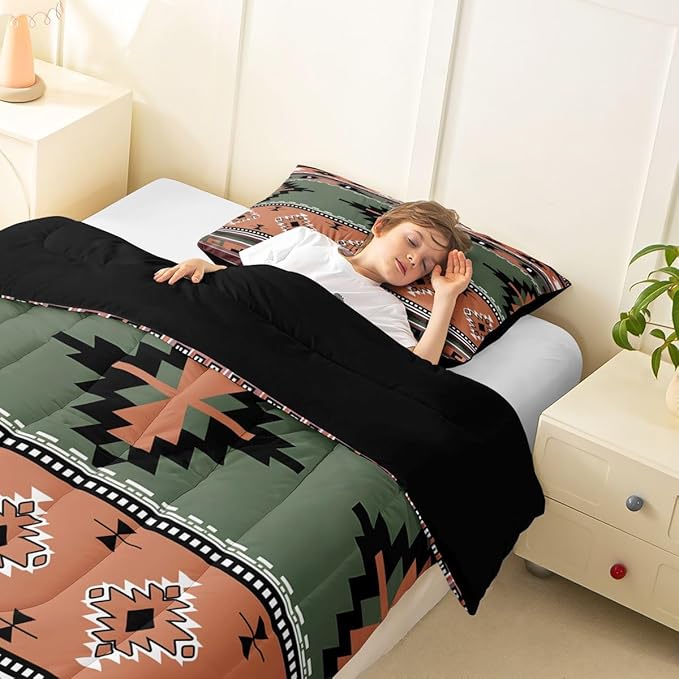 Erosebridal Southwestern Comforter Set Twin Bohemian Geometric Quilt,Ethnic Tribal Arrow Bedding Set Western Duvet Insert,Country Decor Western Room Decor for Bedroom Green Brown