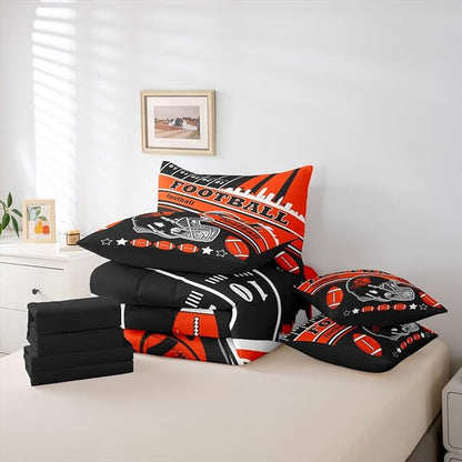 Feelyou Football 7 Pieces Comforter Sets Twin Size Kids Rugby Sports Bedding Set for All Season Football City Bed in a Bag with Comforter, Sheets, Pillowcases & Cushion Cover