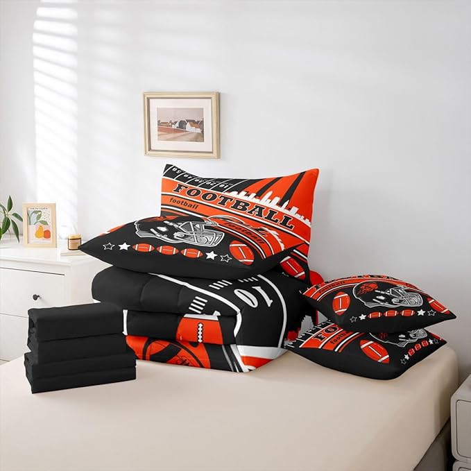 Feelyou Football 7 Pieces Comforter Sets Queen Size Kids Rugby Sports Bedding Set for Boys Kids Teen Sports Theme Bed in a Bag with Comforter, Sheets, Pillowcases & Cushion Cover