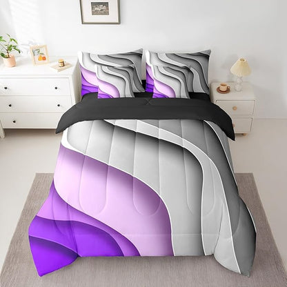 Erosebridal Grey Purple Gradient Bedding Queen Size 7-Piece for Kids Teens Geometric Stripe Comforter Set, Aesthetic Wave Bedding Comforter Sets Modern Abstract Bed in a Bag, Ombre Bedding Accessories