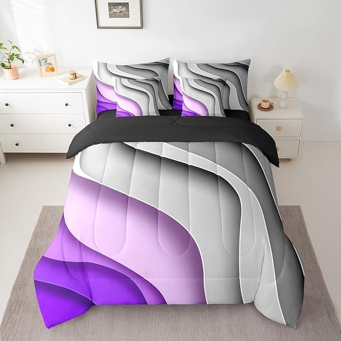 Erosebridal Grey Purple Gradient Bed in a Bag 7-Piece for Kids Teens Geometric Stripe Bedding Set, Aesthetic Wave Full Size Comforter Set Modern Abstract Bedding Comforter Sets, Ombre Bed Set