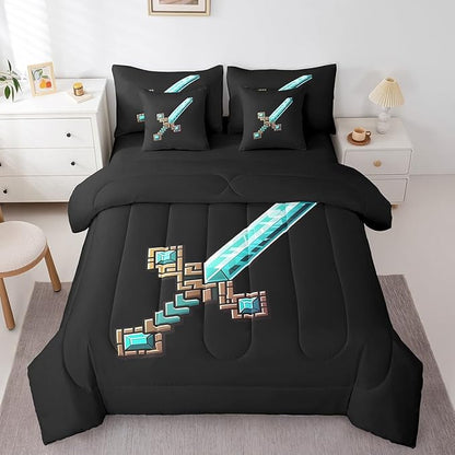 Blue Sword 7Pcs Comforter Set Twin Size,Pixelated Check Sword Bedding Sets,Sandbox Block Gaming Fitted Flat Sheet for Kids Boys Teens Room Decor,Modern Black Games Theme 2 Throw Pillow,2 Pillowcases