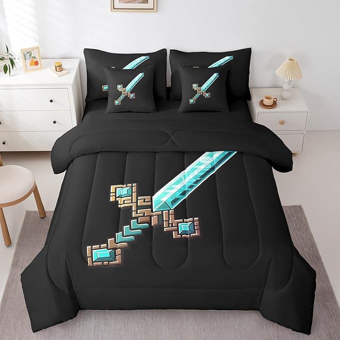 Blue Sword 7Pcs Comforter Set King Size,Pixelated Check Sword Bedding Set,Sandbox Block Gaming Fitted Flat Sheet for Kids Boys Teens Room Decor,Modern Black Games Theme 2 Throw Pillow,2 Pillowcases