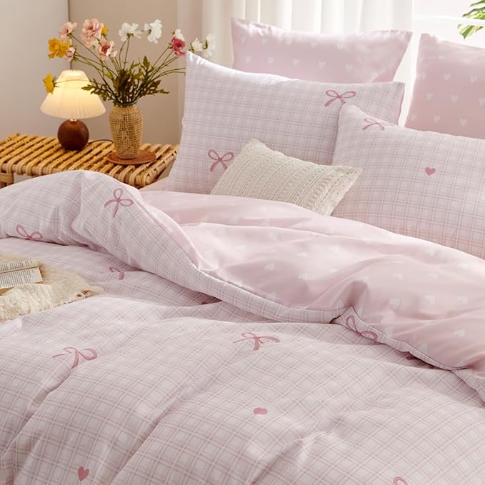 Pink Comforter Set Full Size - Pink Bow Quilt Bedding Set 3 Pieces, Heart Comforter Set Full, Soft & Lightweight Comforter(79‘’ x 90‘’) for Girl All Season & 2 Pillowcases(30‘’x20‘’)